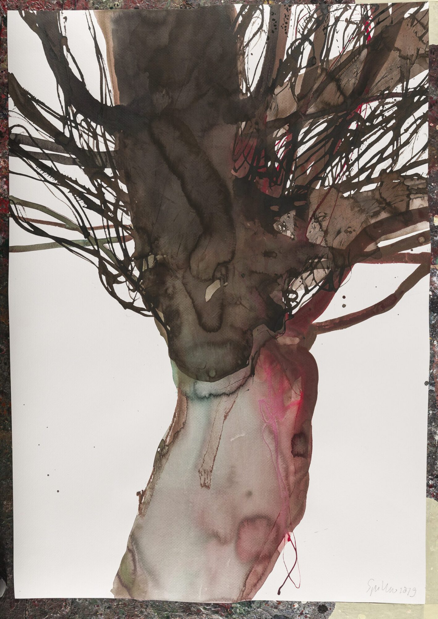 Stephan Spicher, Blooming Fading, 2019, ink and watercolour on paper, 100 × 70 cm